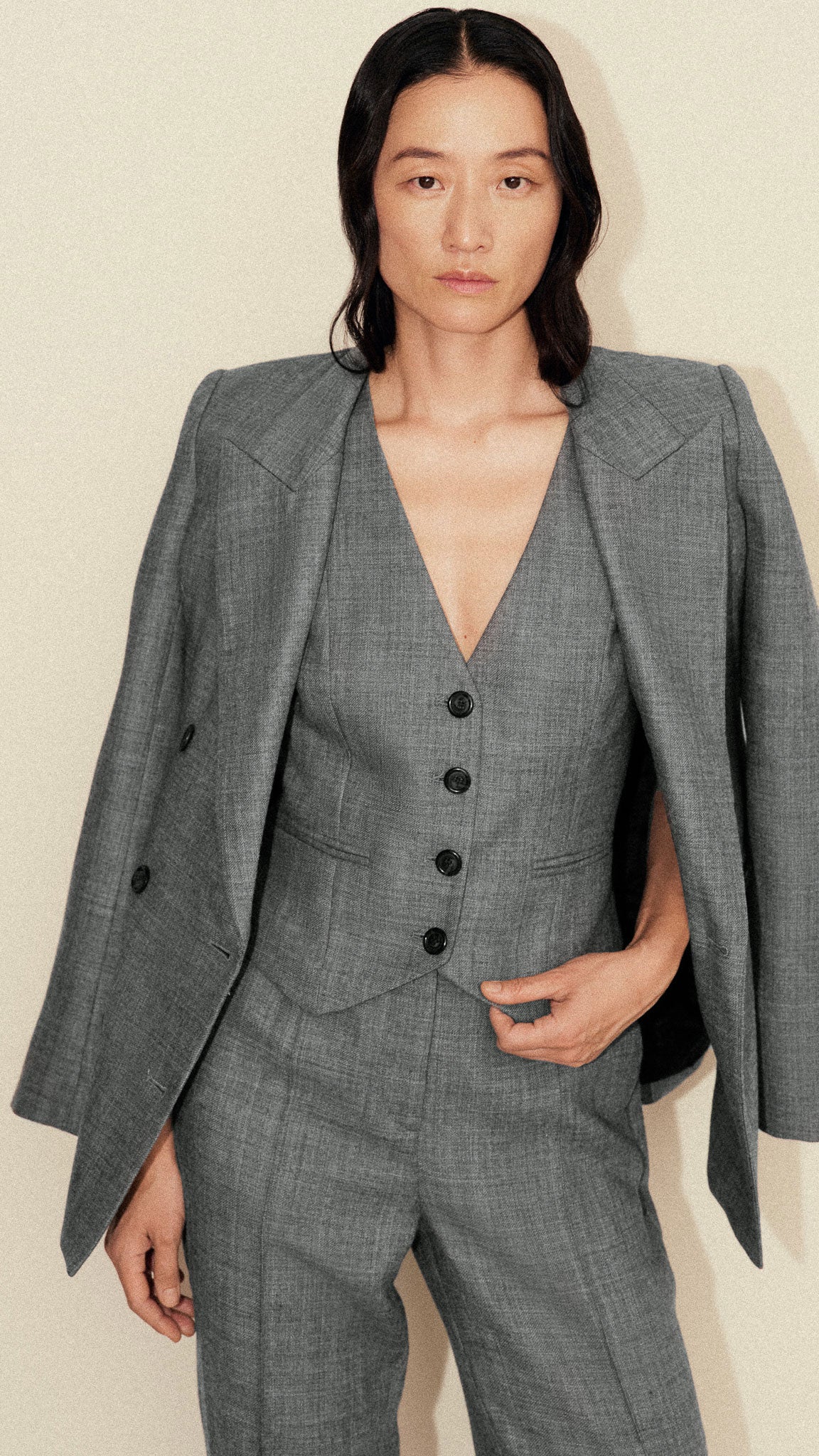 Chelsea Blazer in Textured Wool Twill | Grey Melange - Image 8
